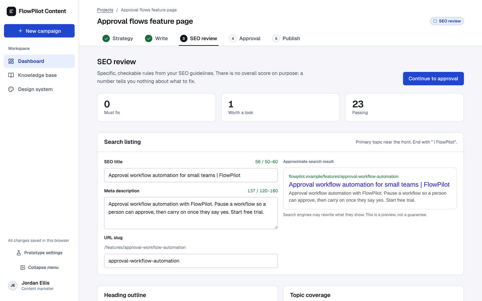 The SEO review screen: totals of 0 Must fix, 1 Worth a look and 23 Passing; editable SEO title (56 of 50 to 60 characters), meta description (137 of 120 to 160) and URL slug, beside an approximate search result preview with a note that search engines may rewrite what they show.