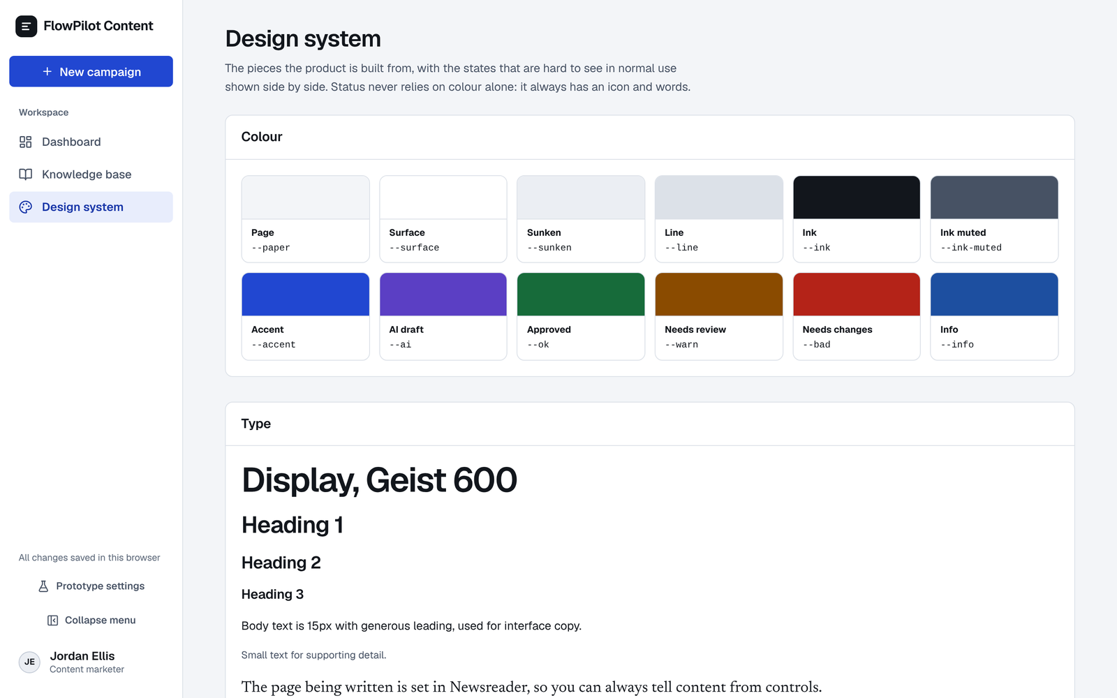 The FlowPilot design system page: colour tokens for paper, surface, sunken, line, ink and ink muted, then status tokens for accent, AI draft (purple), approved (green), needs review (amber), needs changes (red) and info, followed by the type scale in Geist and a Newsreader sample for page content.