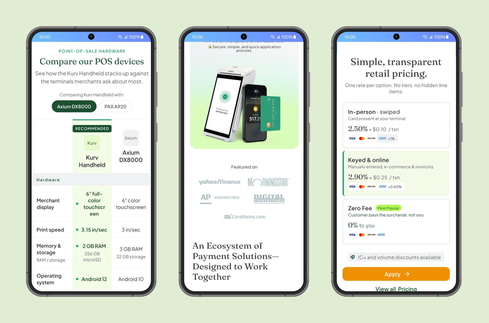 Three phones showing the redesigned Kurv site on mobile: a POS device comparison table, the 'Featured on' press section under a terminal product shot, and the retail pricing cards with an Apply button.